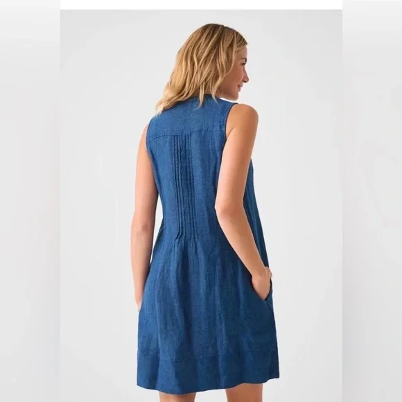 Faherty women’s linen Isha Basketweave Sleeveless Indigo Button-Front Dress Sz M - Picture 3 of 9